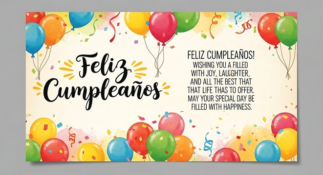 Cheerful Spanish Birthday Greeting Card with Colorful Balloons and Confetti Celebrations