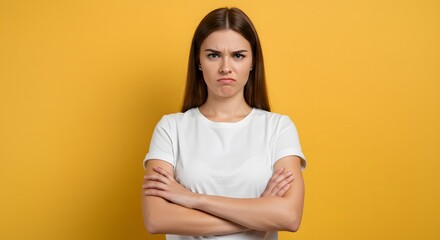 Frustrated young woman with arms crossed and annoyed expression, conveying displeasure and dissatisfaction with a serious mood against a vibrant yellow backdrop.