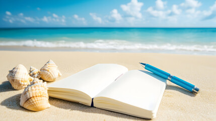 Notebook and pen placed on the sand near shells while waves crash on a sunny beach