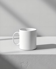 Obraz premium A minimalist product mockup featuring a sleek white ceramic mug placed on a smooth concrete surface. Soft shadows and a gentle light source emphasize simplicity and elegance.