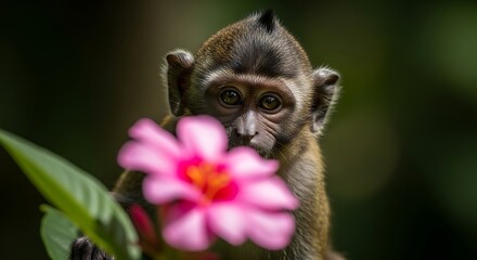 Obraz premium Adorable baby macaque monkey holding a vibrant pink flower in a tropical setting