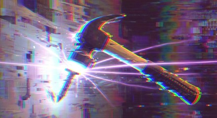 Glitch effect hammer tool against distorted cityscape background