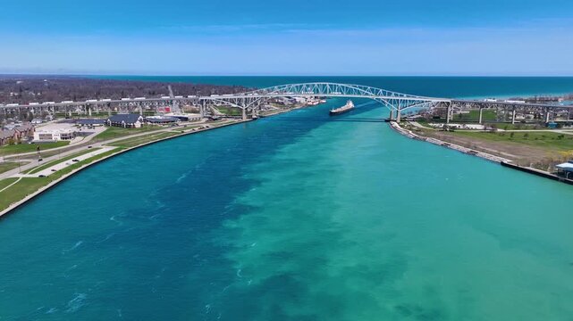 Blue Water Bridge is an international bridge across the St. Clair River links Port Huron, Michigan, USA (left) and Point Edward, Ontario, Canada (right). 