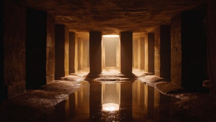 Sunlit interior of ancient subterranean chamber