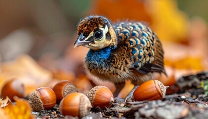 Obraz premium Close-up of baby peacock with shimmering down feathers standing on textured tree bark beside acorns 