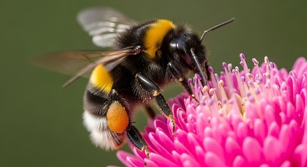 A detailed close-up of a bumblebee diligently collecting nectar from a vibrant pink flower