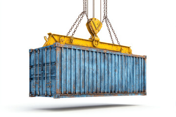 Rusty blue shipping container suspended by a yellow industrial crane hook and chains on a white background