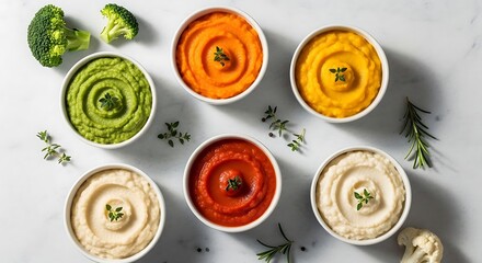 Colorful vegetable puree assortment, creative food presentation and healthy eating concept, a