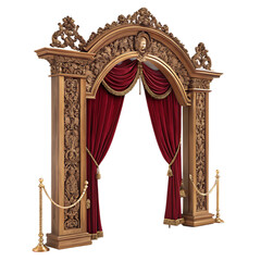 Ornate golden archway with red velvet curtains and stanchions