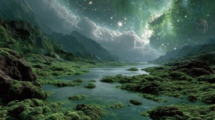 Green liquid exoplanet atmospheric art, astrobiology concept for cosmic exploration, alien environment visualization with luminous details.