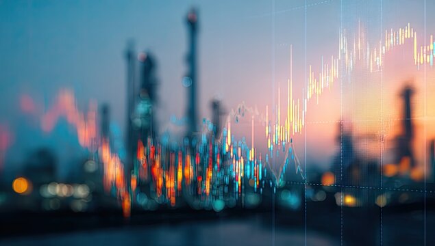 Blurred industrial cityscape overlaid with financial data