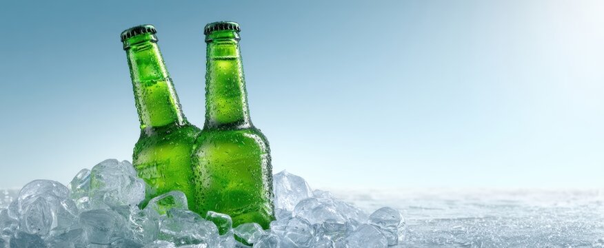 The cold green bottles refreshing on ice in a sunny outdoor setting.