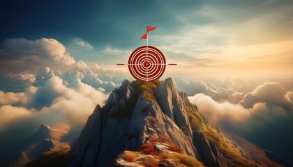 target on mountain peak surrounded by clouds symbolizing goals and aspirations in nature s majestic landscape