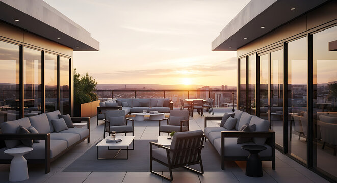 Rooftop terrace with modern outdoor furniture overlooking a city skyline at sunset or sunrise ai generated