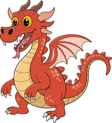 Cartoon red dragon with wings and horns, cute fantasy creature illustration, friendly monster vector art for kids, fire breathing animal