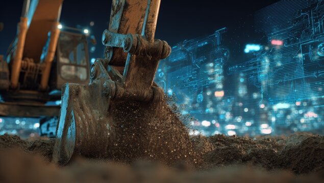 Excavator digging in urban environment, overlaid with digital data