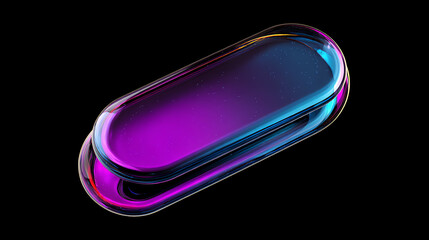 Futuristic glass capsule with vibrant purple and blue hues, featuring smooth, reflective surfaces and a sleek, elongated oval shape against a black background