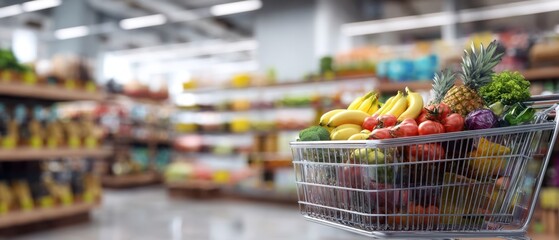 The vibrant grocery cart overflowing with fresh produce in a supermarket setting.