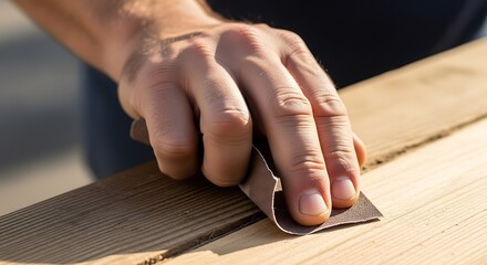 Obraz premium Detail of a person sanding a wooden board with sandpaper for woodworking projects
