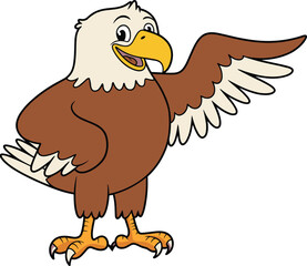 Friendly cartoon bald eagle spreading wing, cute vector animal character, mascot illustration for kids, nature theme, freedom symbol, wildlife