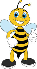 Cartoon honey bee with blue wings, smiling face, giving thumbs up, cute vector insect character for children and educational designs