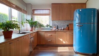 a stylish kitchen showcases a bright blue refrigerator beside wooden cabinetry and a potted plant natural light flows through large windows enhancing the warm atmosphere