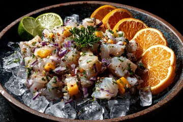 Fresh Fish, Vibrant Citrus, Rustic Bowl, Dark Background, Refreshing Presentation, Appetizing, Colorful, High-Angle Close-up