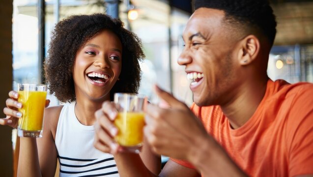 Happy african american couple drinking orange juice together at a cafe or restaurant