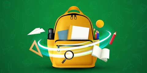 Back to school text with yellow backpack bag . Back to school design for educational study learning messages. Vector illustration