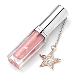 A pink lip gloss with a silver cap and a star shaped charm attached to a silver chain on white background