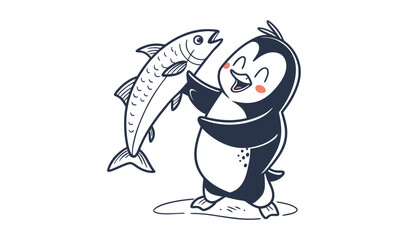 Obraz premium Happy cartoon penguin holding a large fish with a big smile