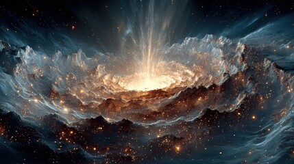 Black shattered quasar cosmic art, active galaxy nucleus visualization for astrophysics, luminous accretion disk design.