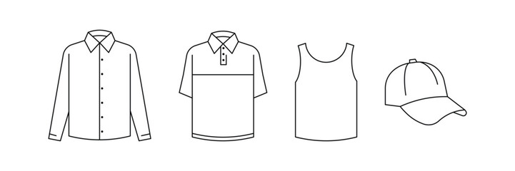 Clothing set, shirt polo tank cap icon vector illustration for fashion, casual wear, summer outfit, line style design, apparel collection.