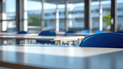 Empty classroom with blue chairs and desks. Blurred background with view of buildings through large windows