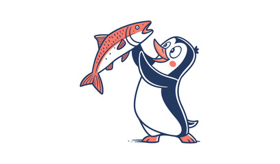 Obraz premium Happy penguin holding a large salmon catch