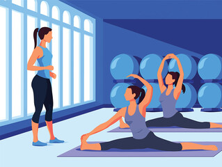 Fototapeta premium Yoga Class in Modern Gym Stretching Exercises with Instructor