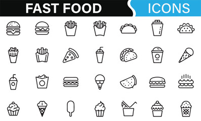 Collection of Fast Food Icons Including Burgers, Drinks, Fries, and Pizza