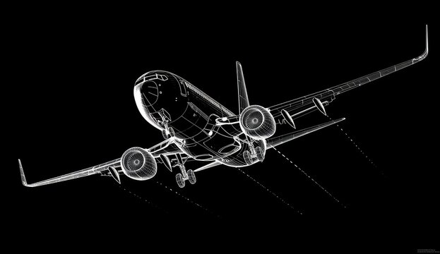 Silhouette of an airplane in flight, wireframe style