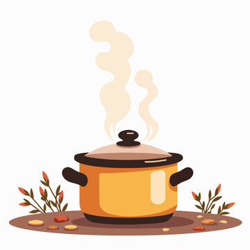 Steaming crockpot on counter with rising steam, inviting meal preparation. Crockpot steams, suggesting a simmering stew or hearty soup in progress, alongside autumn leaves.