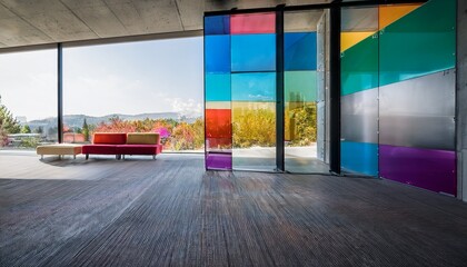 modern minimalist interior with colorful glass panels and concrete architecture in contemporary space