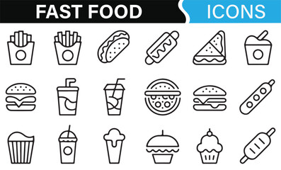 Fast Food Icons Set Featuring Burgers, Fries, Drinks, and Snacks