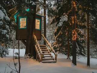 Cozy treehouse in snowy forest with string lights winter