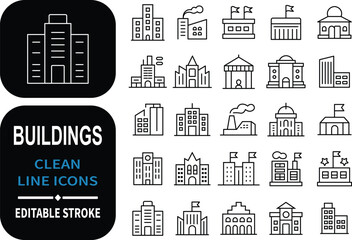 Collection of clean modern linear building icons with editable stroke designs