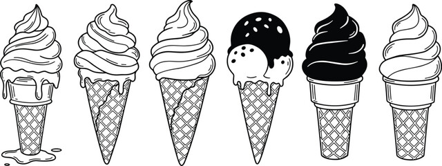 Ice cream cone vector set, black and white dessert illustrations, soft serve clipart, hand-drawn ice cream collection, summer sweet treat
