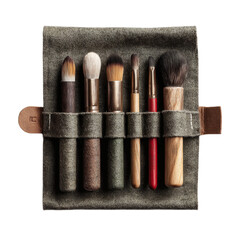 A custom design brush kit in roll-up felt case isolated on transparent background