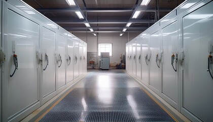 painting booth in a white goods factory where refrigerator doors are being spray painted with a glossy white finish