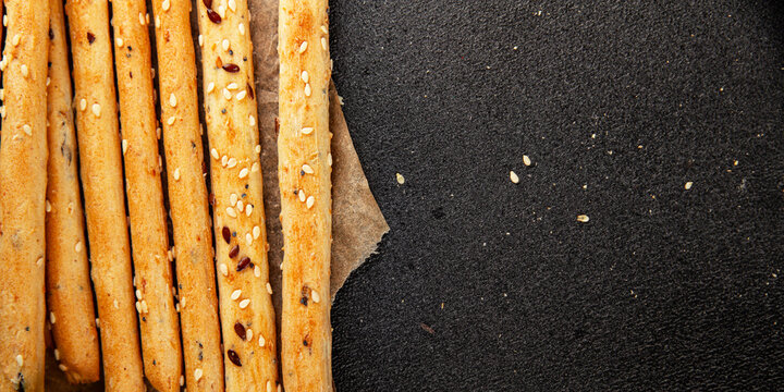 grissotti breadstick Grissini breadsticks whole grain cereal fresh delicious gourmet food background on the table rustic food top view copy space