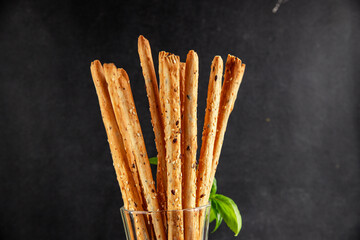 grissotti breadstick Grissini breadsticks whole grain cereal fresh delicious gourmet food background on the table rustic food top view copy space