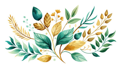 Vector art of a vibrant watercolor illustration of lush green and golden leaves and delicate teal flowers