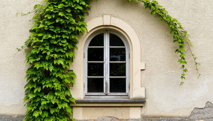 arched window vintage and plant on wall